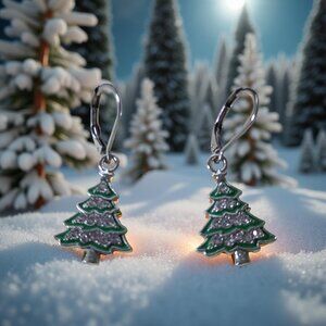2/$10 Christmas Tree Earrings Green Enamel Sparkly Rhinestones Leverbacks